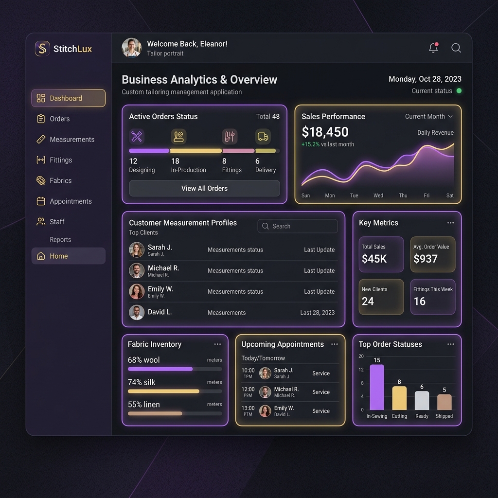 StitchLuxe Dashboard Interface Mockup